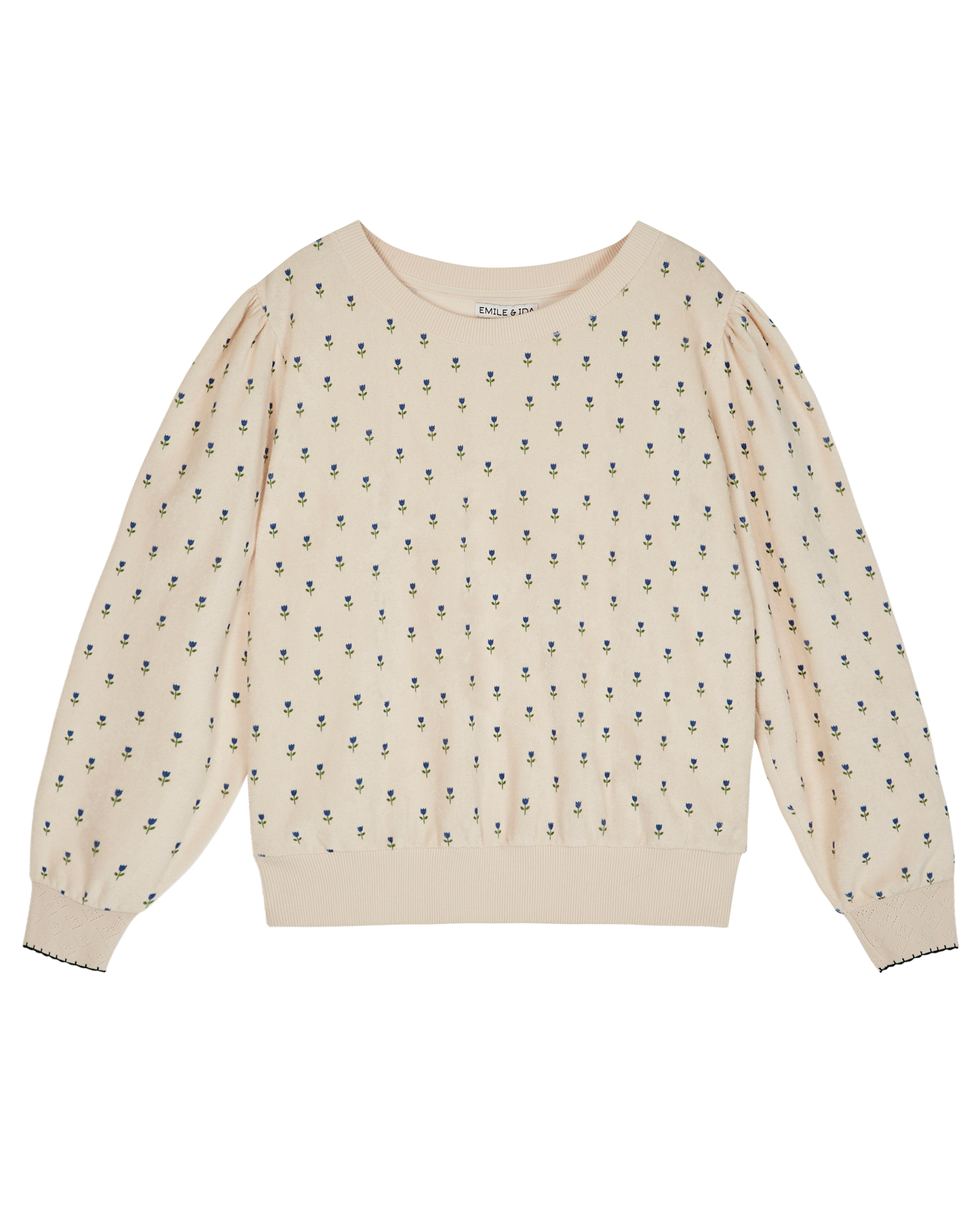 Sweatshirt éponge écru tulipe bleue