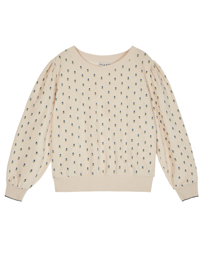 Sweatshirt éponge écru tulipe bleue