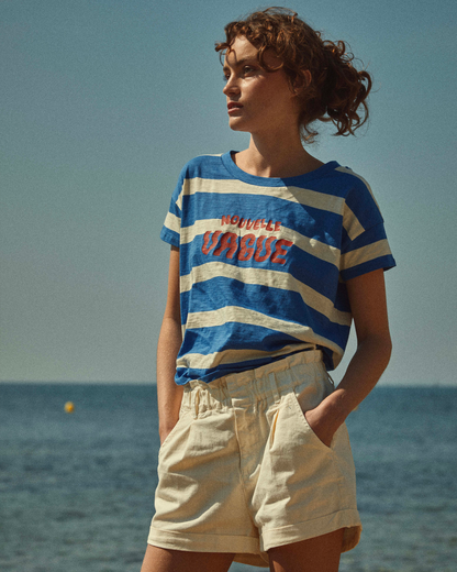 Tee-shirt coton bio rayures céleste Nouvelle Vague