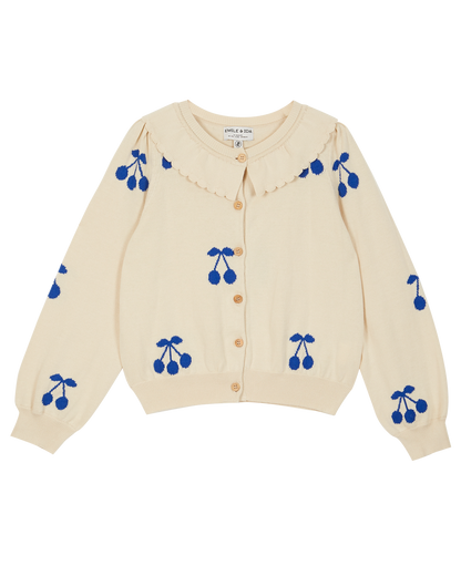 Cardigan cerise femme coton bio écru et bleu