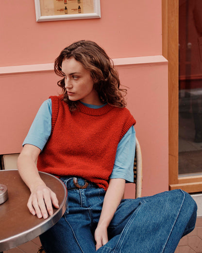 Pull sans manches laine recyclée rouge