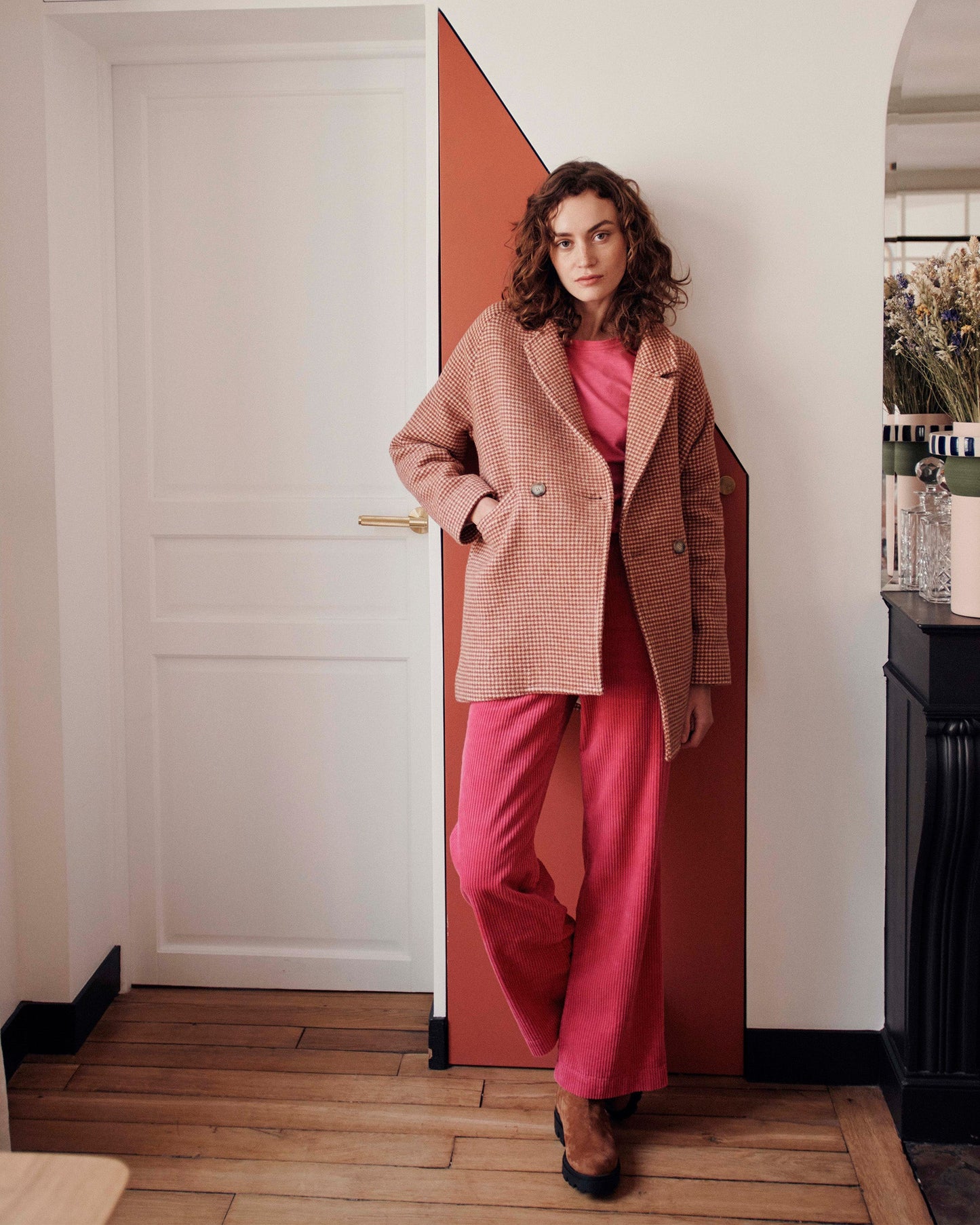 Manteau femme pied de poule rouge