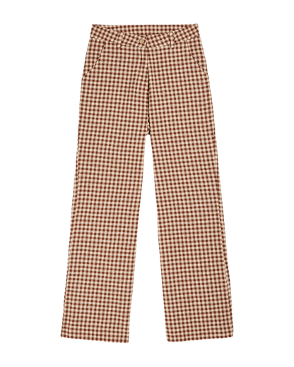 Pantalon large vichy écru et chocolat