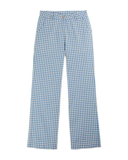 Pantalon large vichy écru et bleu