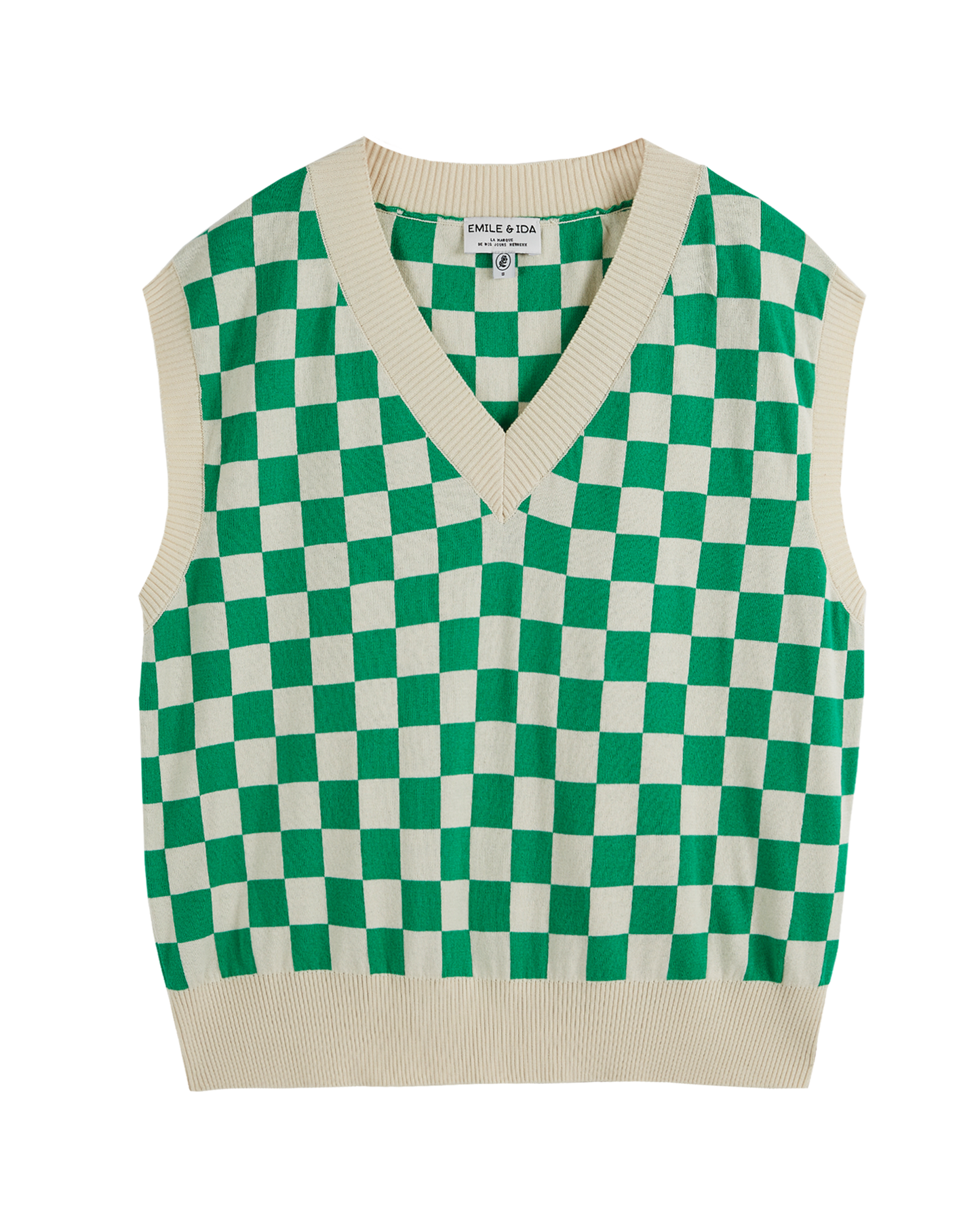 Pull damier coton bio vert et blanc