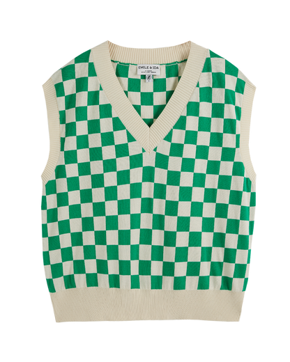 Pull damier coton bio vert et blanc