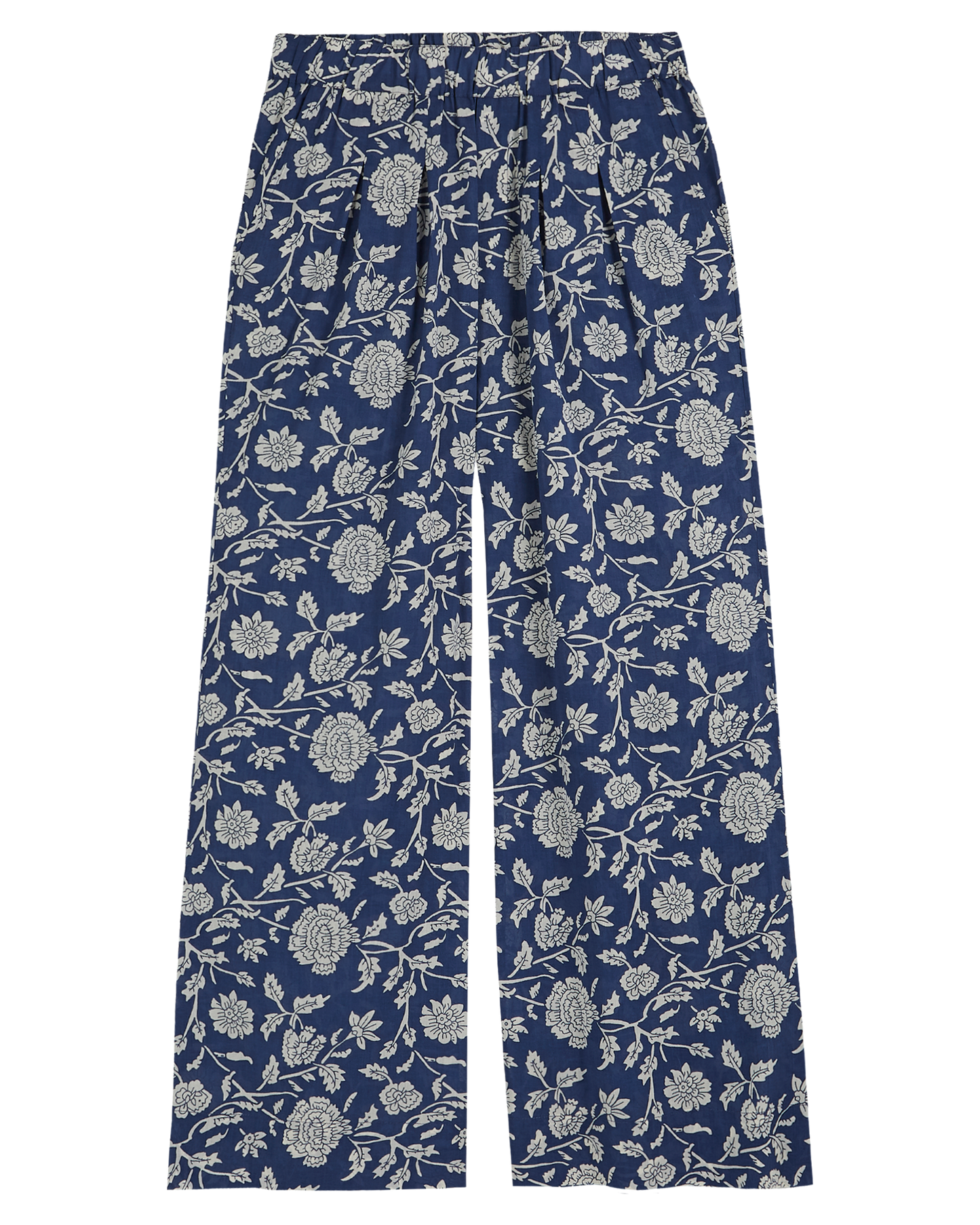 Pantalon palazzo bleu à fleurs blanches