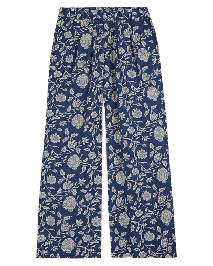 Pantalon palazzo bleu à fleurs blanches