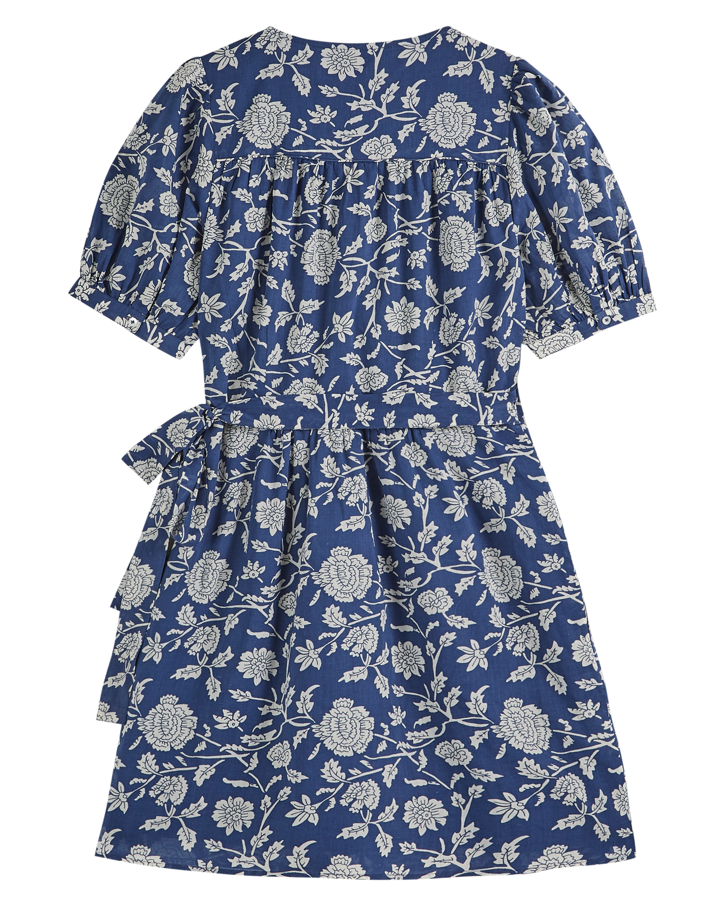 Robe portefeuille bleue à fleurs blanches