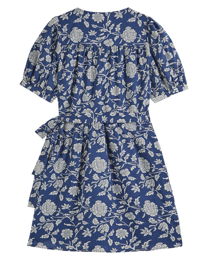 Robe portefeuille bleue à fleurs blanches