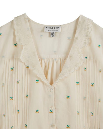 Blouse crop broderie cerise écru