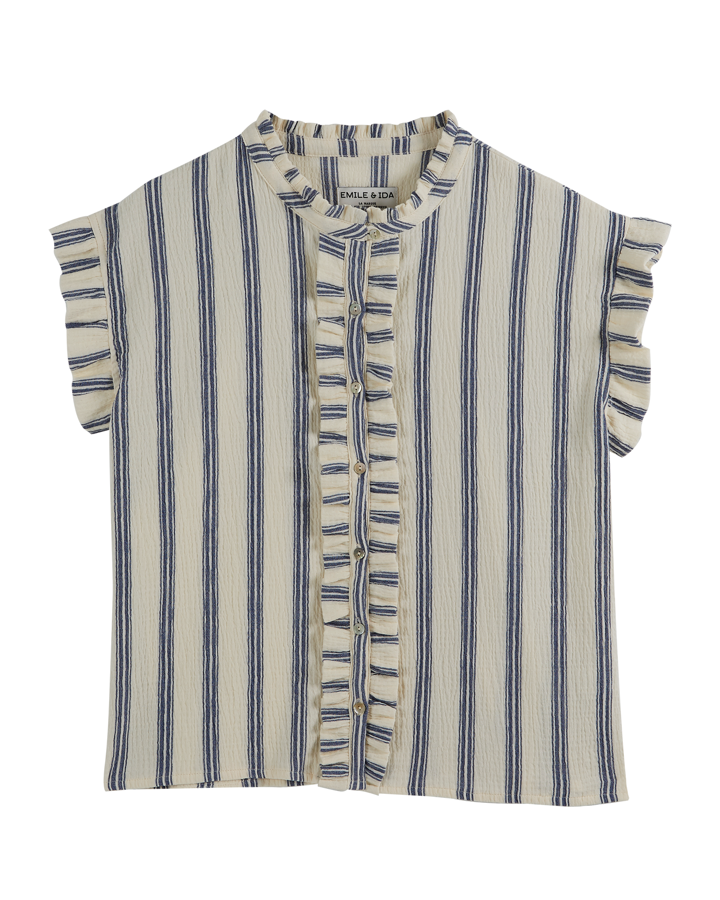 Blouse rayures à volants bleu et écru