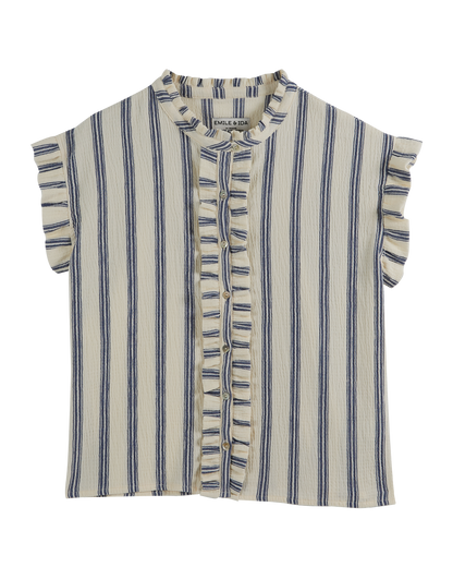 Blouse rayures à volants bleu et écru