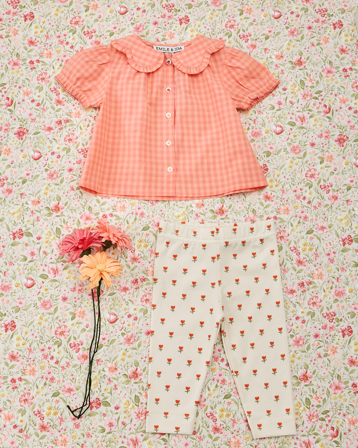 Blouse col fleurs vichy pivoine