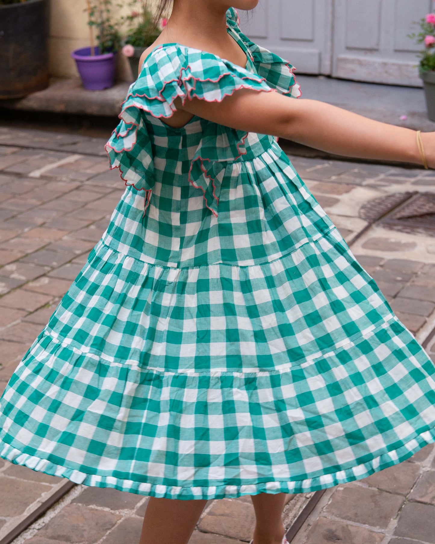 Robe à étages en coton vichy vert et blanc