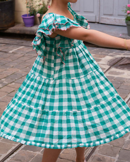 Robe à étages en coton vichy vert et blanc