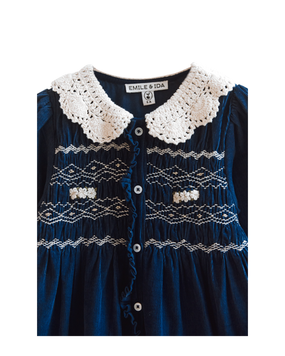 Robe velours smockée col crochet bleu