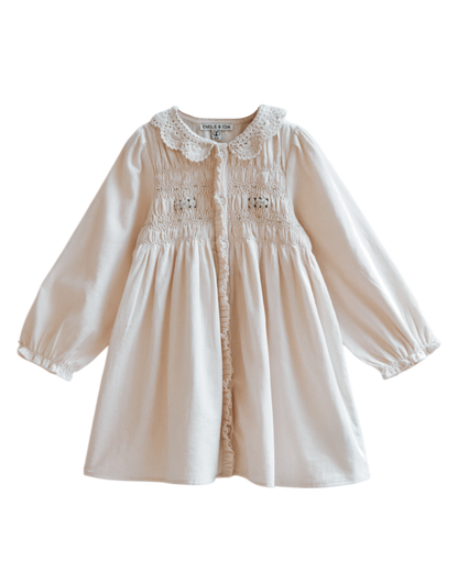 Robe velours smockée col crochet crème
