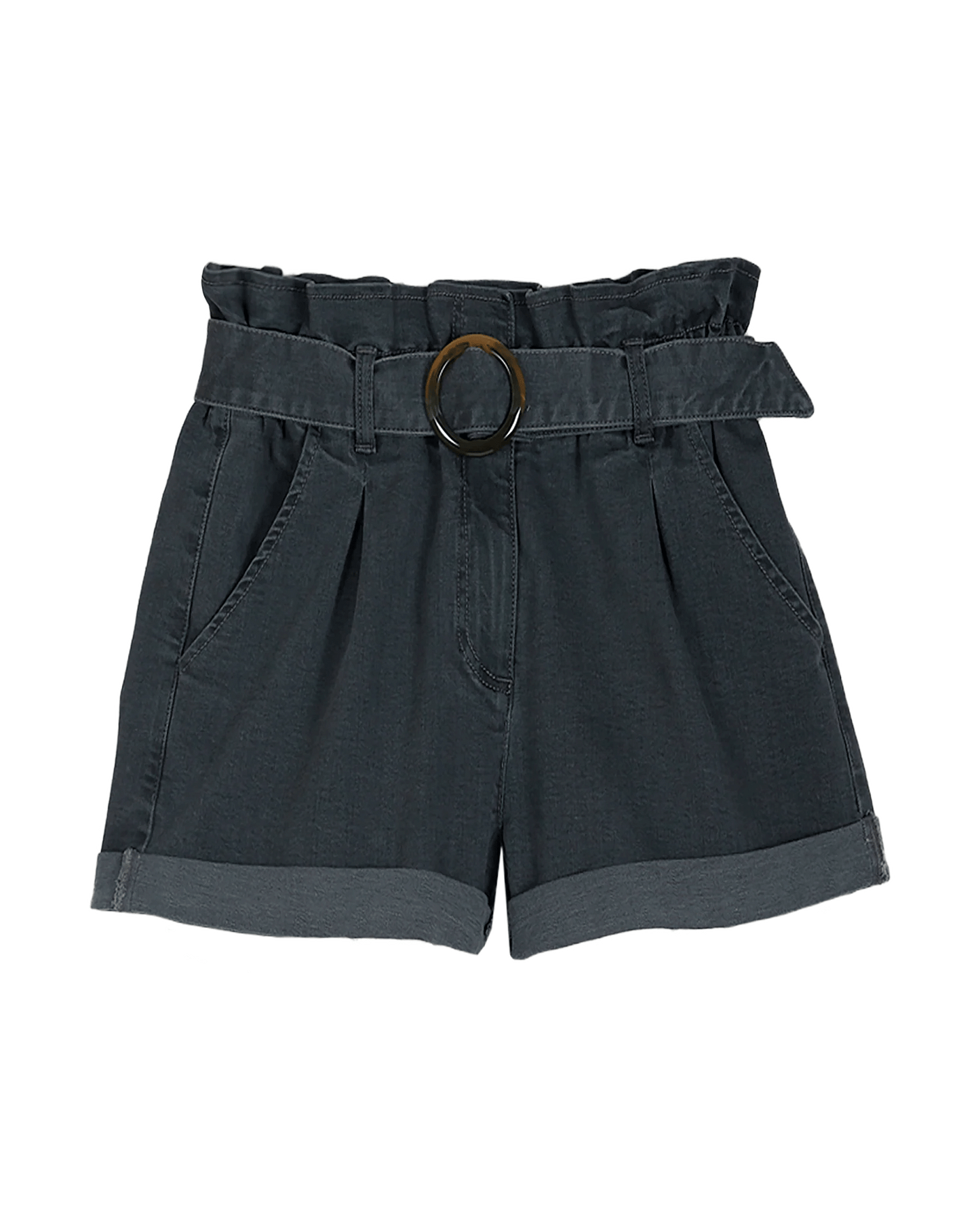 Short ceinturé en denim stretch gris