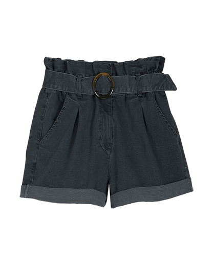 Short ceinturé en denim stretch gris
