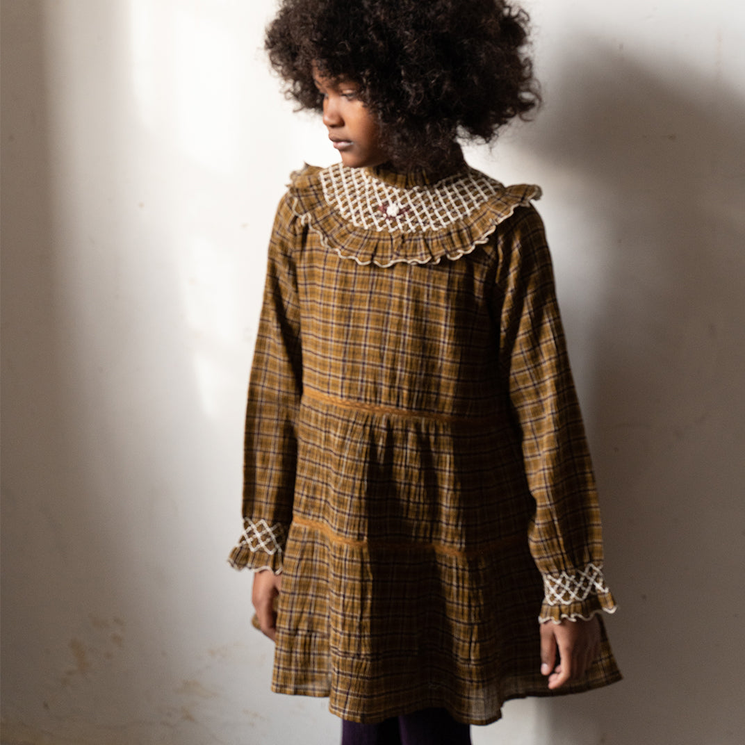 Robe à étages en voile de coton crépon carreaux