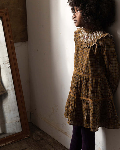 Robe à étages en voile de coton crépon carreaux