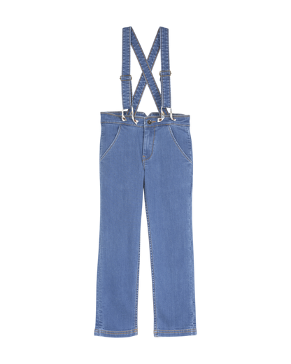 pantalon a bretelles en coton denim bleu