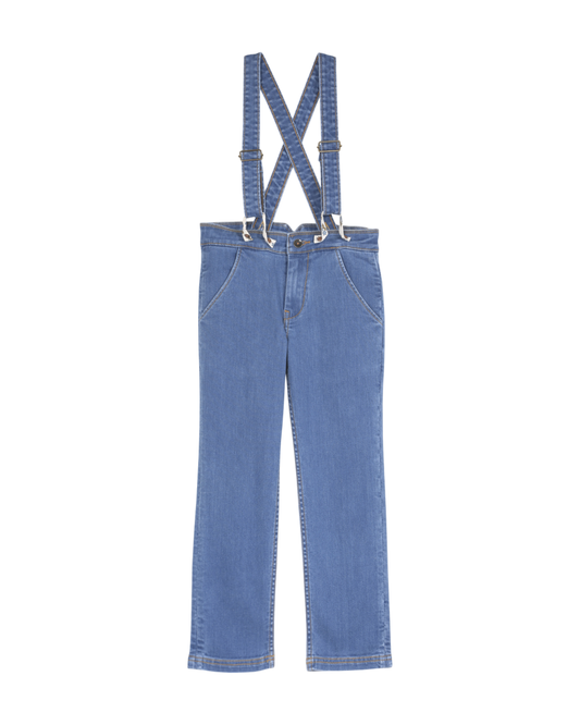 pantalon a bretelles en coton denim bleu