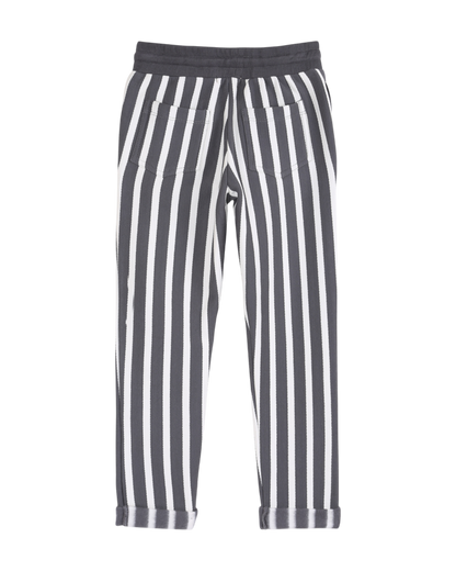 pantalon garcon en coton bio molletonne a rayures gris fonce et ecru