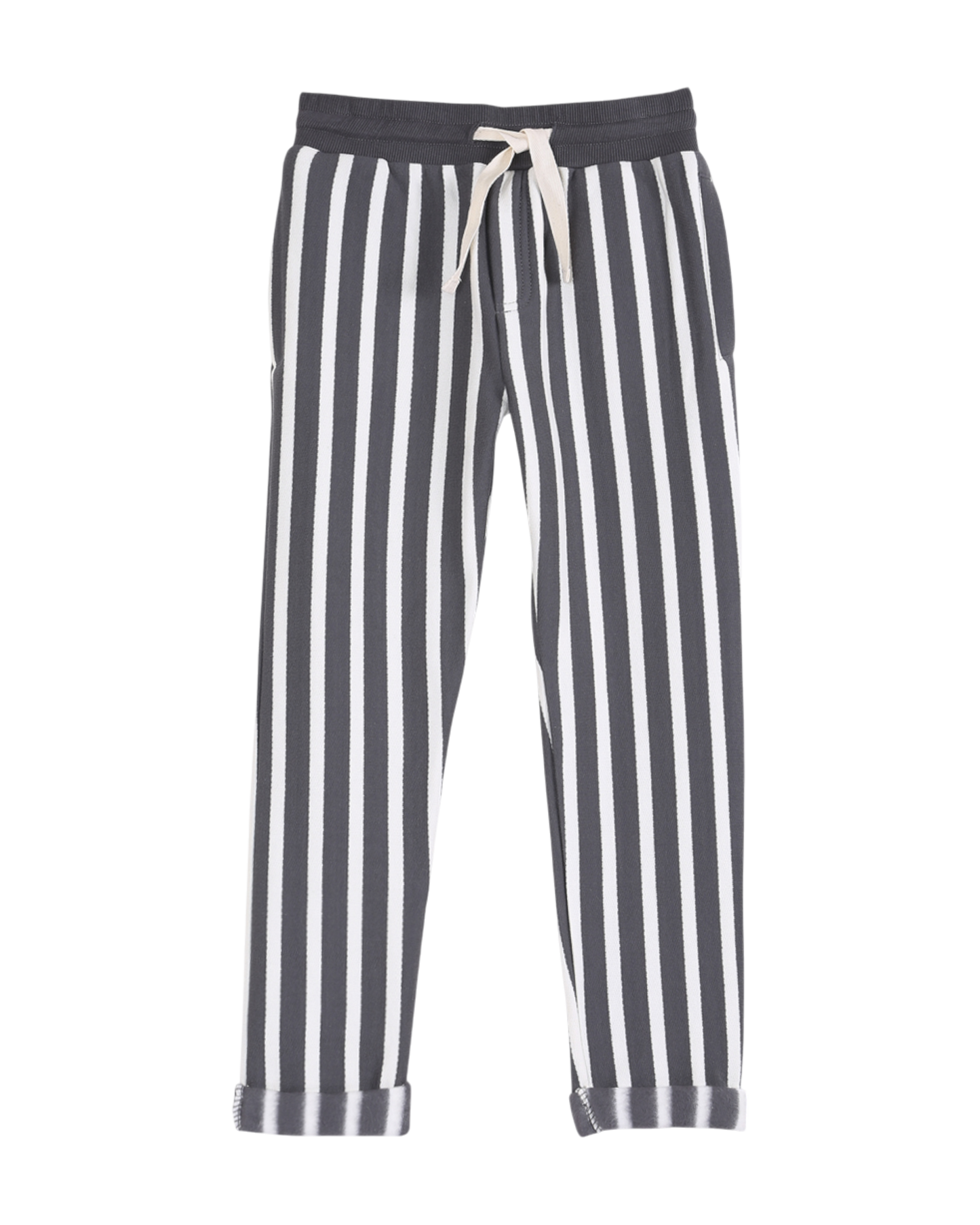 pantalon garcon en coton bio molletonne a rayures gris fonce et ecru