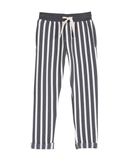 pantalon garcon en coton bio molletonne a rayures gris fonce et ecru
