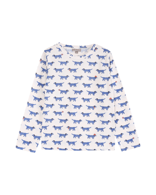 T-shirt coton bio écru imprimé chien bleu