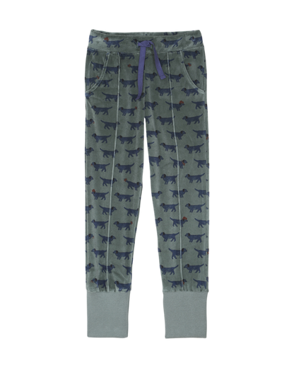 Jogger en velours bio canard imprime chien bleu