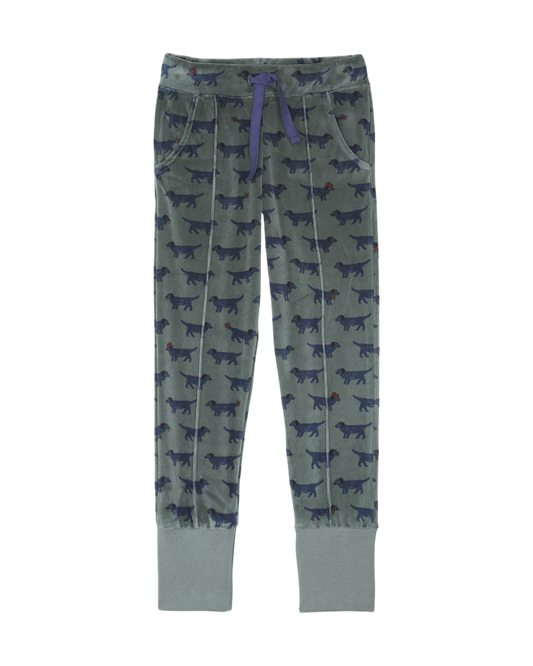 Jogger en velours bio canard imprime chien bleu