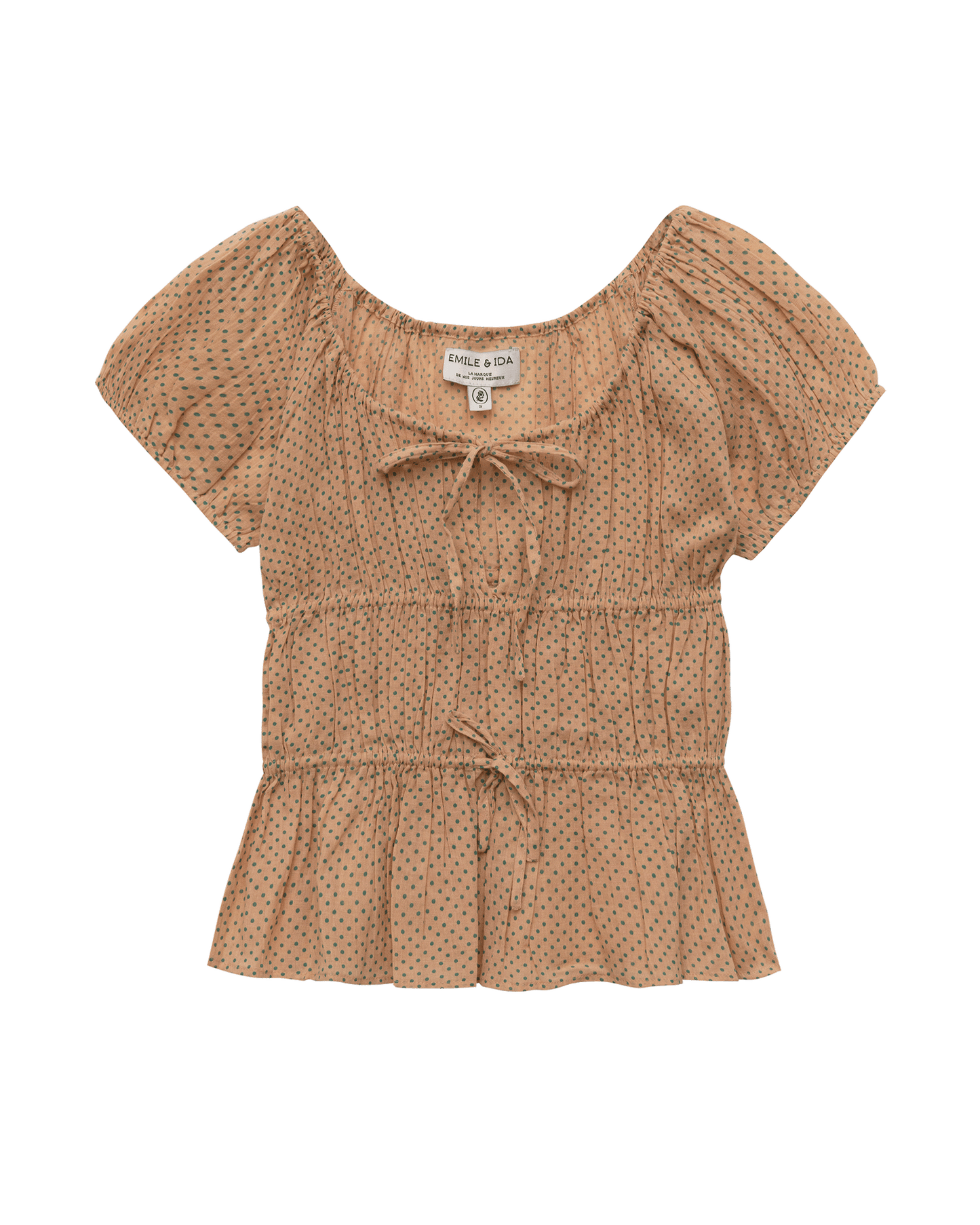 Top coton beige pois vert