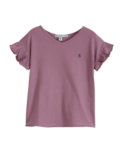 Tee-shirt coton bio manches volantées violet
