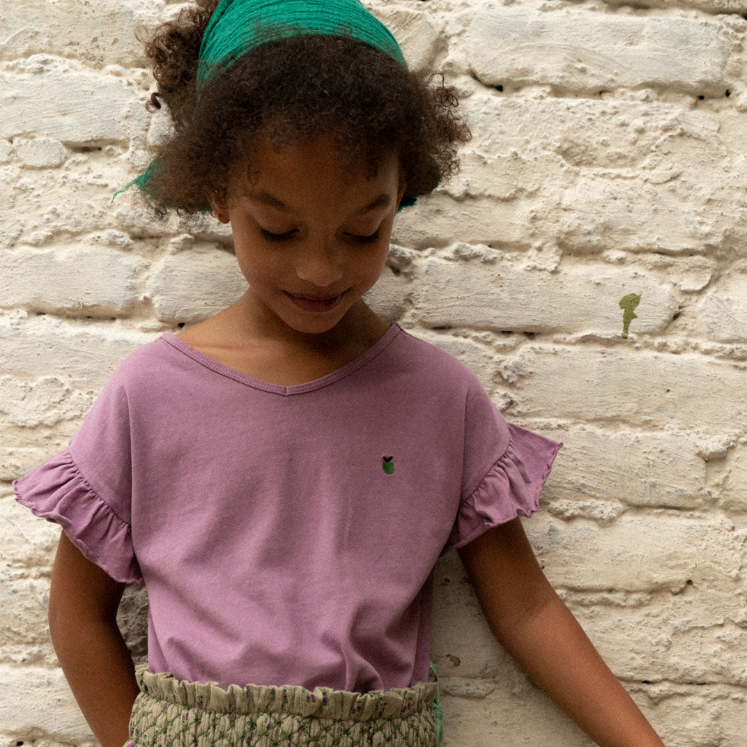 Tee-shirt coton bio manches volantées violet