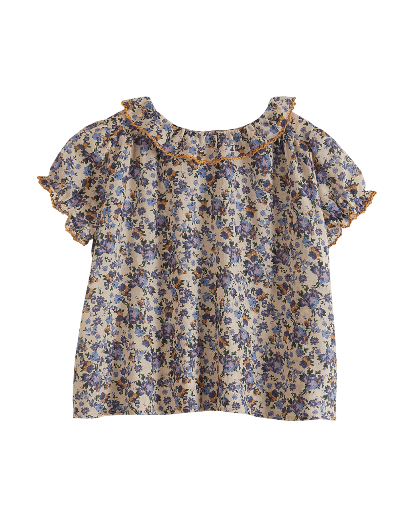 Blouse imprimée voile de coton écru et bleu