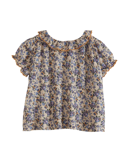 Blouse imprimée voile de coton écru et bleu