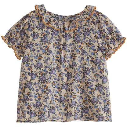 Blouse imprimée voile de coton écru et bleu