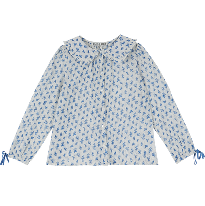 Blouse voile de coton créponné blanc fleurette bleue