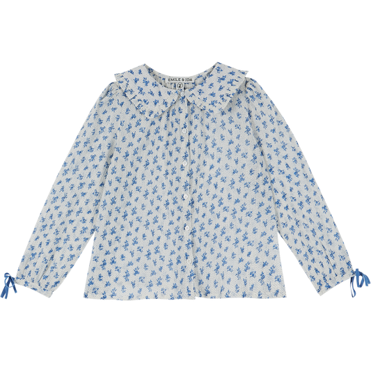 Blouse voile de coton créponné blanc fleurette bleue