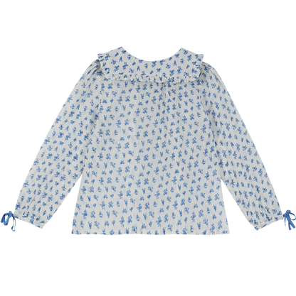 Blouse voile de coton créponné blanc fleurette bleue