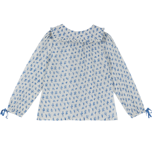 Blouse voile de coton créponné blanc fleurette bleue