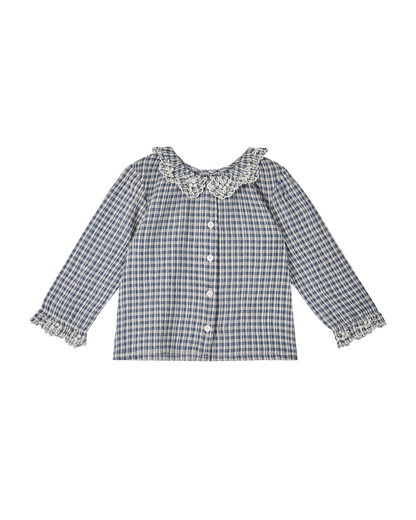 Blouse bébé voile de coton créponné carreau indigo