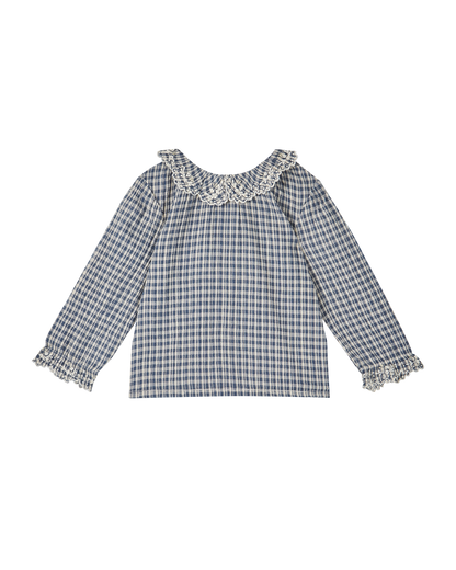 Blouse bébé voile de coton créponné carreau indigo
