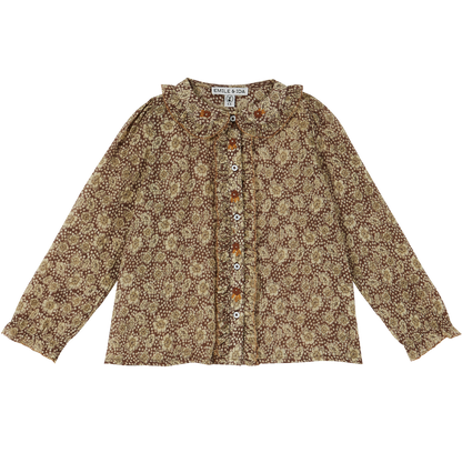 Blouse imprimé fleuri voile de coton marron