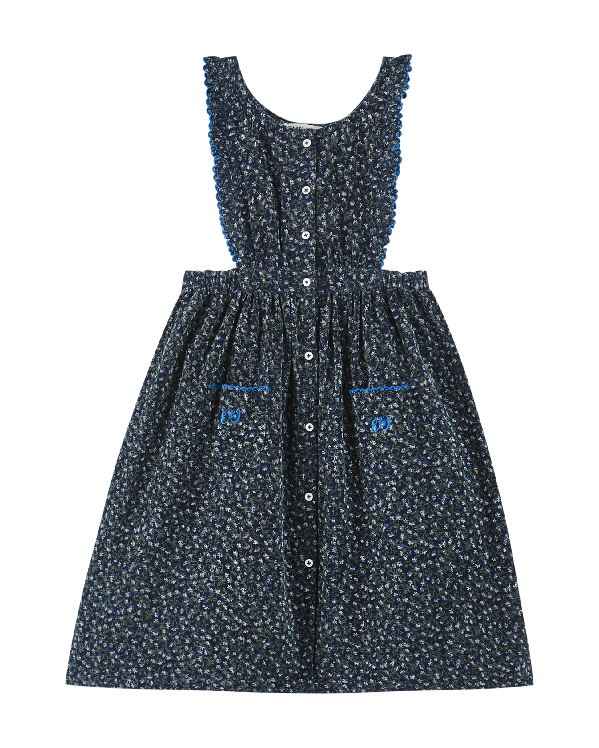 Robe tablier velours bleu motifs floraux