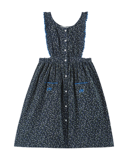 Robe tablier velours bleu motifs floraux