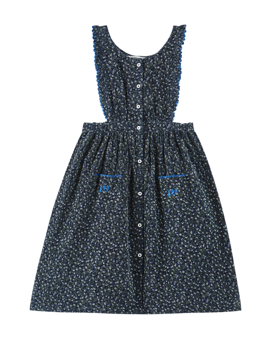 Robe tablier velours bleu motifs floraux